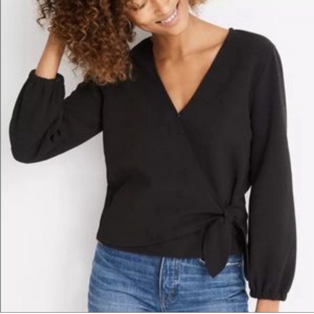 Madewell Texture & Thread Black Wrap Blouse Top Balloon Sleeves Women’s XS